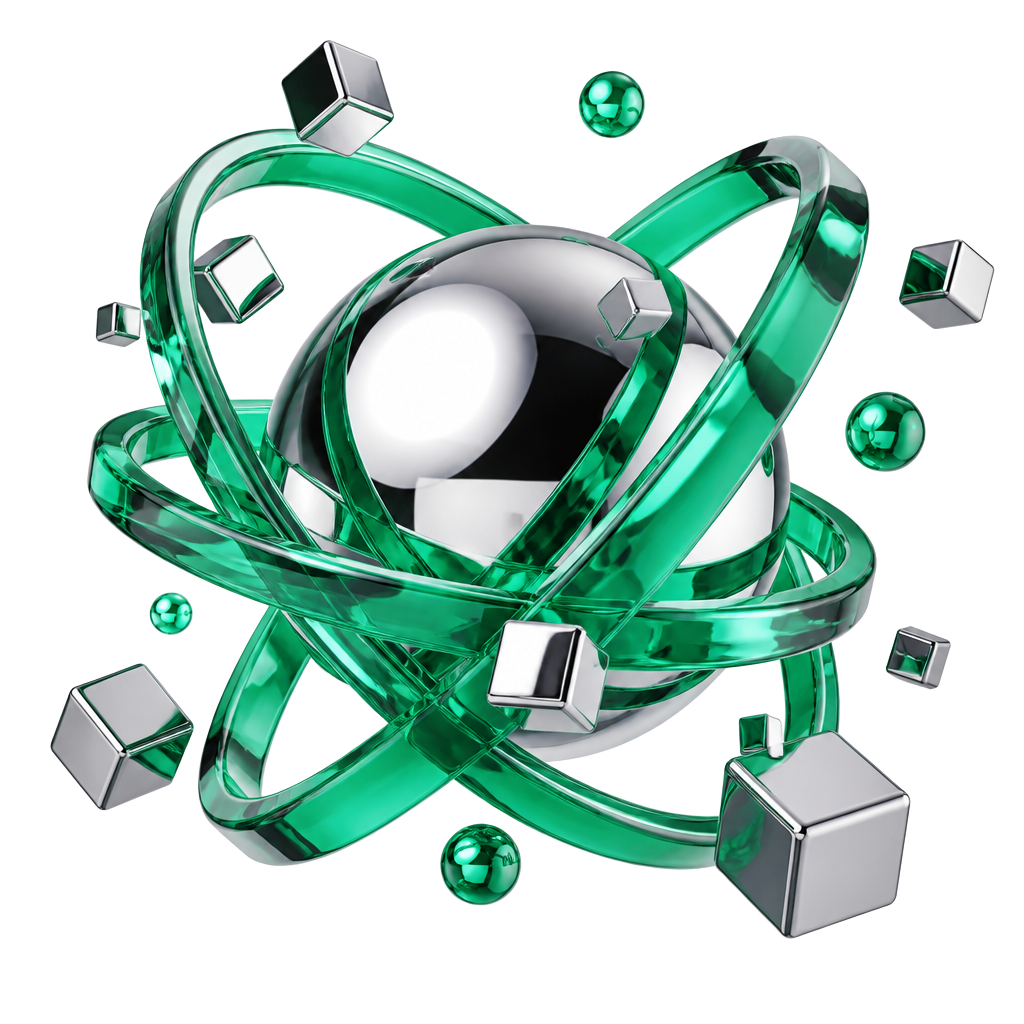 3D chrome sphere orbited by emerald glass rings