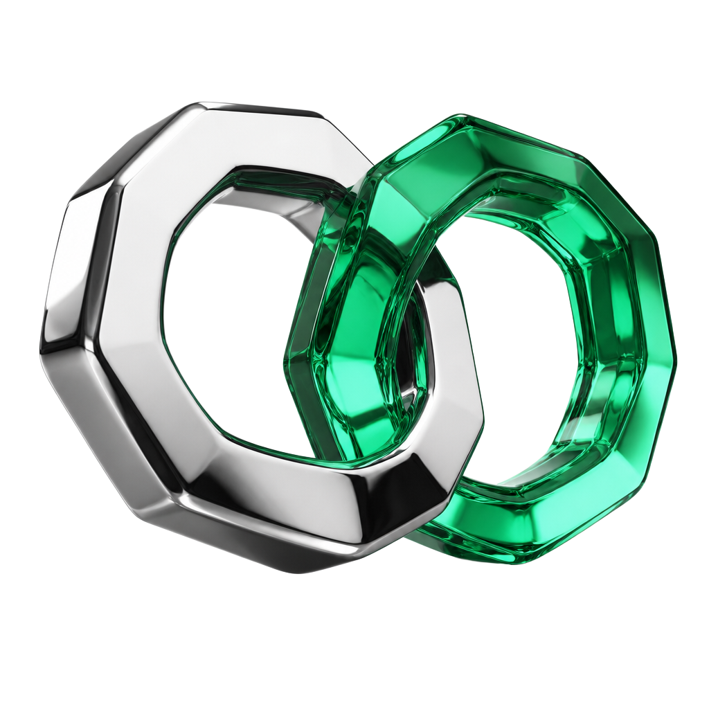 3D chrome and emerald interlocking rings representing the Vantage partnership
