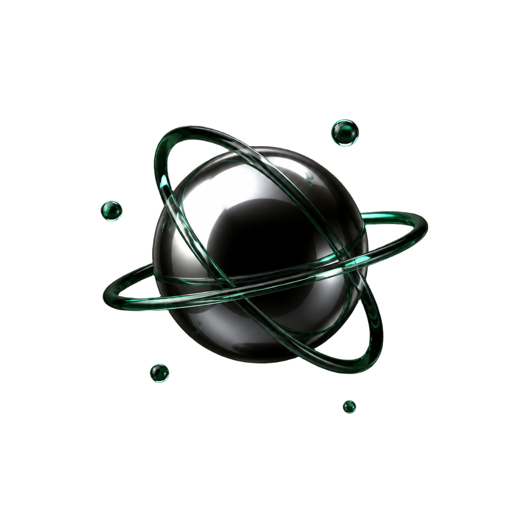 3D chrome sphere wrapped in translucent emerald orbital rings